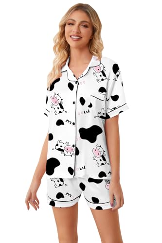 Image of Umeyda Women & Girls Pajamas Set, 2 Piece PJS Satin Silk Sleepwear Button-Down Top with Shorts for Mom Kids Gifts