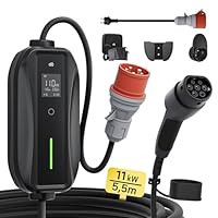 dé Mobile Wallbox/Ladestation 11kW [3-phasig|5,5m|6-16A] mit Einstellbarer Ladeleistung, Ladekabel CEE 16A auf Typ 2 und EV Ladegerät für Model Y/3, ID.3/4/5, MG4, EX30, e-up, e-tron und andere EV