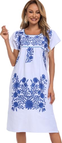 Image of YZXDORWJ Women Mexican Embroidered Long Dress Ruffle Collar Maxi Boho Floral Summer Short Sleeve