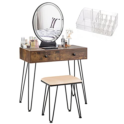 CHARMAID Vanity Set with Lighted Mirror, 3-Color Touch Screen Dimmable Mirror, Additional Storage Organizer, Sturdy Steel Legs, Bedroom Makeup Dressing Table with Cushioned Stool (Rustic Brown)