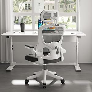 TUKAILAi Ergonomischer Bürostuhl, Chefsessel mit Lendenwirbelstütze und Kopfstütze, verstellbar, 90° hochklappbare Armlehne, hohe Rückenlehne, Netz-Drehstuhl für Heimbüroarbeit (Weiß)