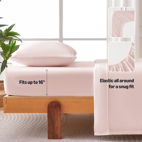 Image of Amazon Basics Jersey Knit 3-Piece Sheet Set, Wrinkle Resistant and Easy Fit, Includes 16 inch Deep Pocket Fitted Sheet, 1 Flat Sheet and 1 Pillowcase, Twin, Pink