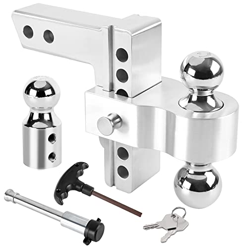 Proeze Adjustable Trailer Hitch Replaceable Tri Balls (1-7/8", 2", 2-5/16"), Fits 2 Inch Receiver, 6-Inch Drop/Rise Aluminum Drop Hitch, 12500Lbs, Silver Tow Hitch With Double Anti-Theft Pins Locks #TOP1