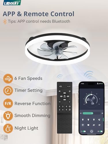 Image of LEDIARY Ceiling Fans with Lights, 20 inch Low Profile Flush Mount Ceiling Fan, Dimmable LED, APP & Remote Control, Quiet Reversible DC Motor, 6 Speeds, Fandelier for Bedroom, Black