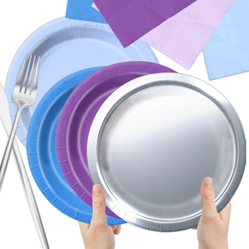 Image of CMUSKO Winter Wonderland Decorations - 60Pcs Blue Purple Snowflake Plates & Napkins Set Winter Wonderland Tableware for Birthday Christmas New Year