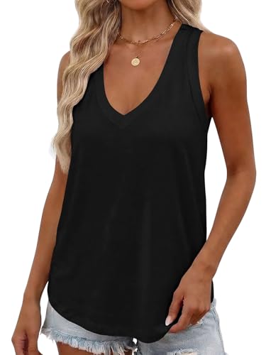Smile Fish Women Summer Deep V Neck Tank Top Loose Fit Flowy Sleeveless Shirt Cotton Black L