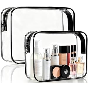 Clear Makeup Bag, 2 Pack TSA Approved Toiletry Bag for Travel Size Toiletries, Quart Size Clear Cosmetic Organizer bag for Women Men, Carry on Airport Airline Compliant Bag(Black-2pcs)