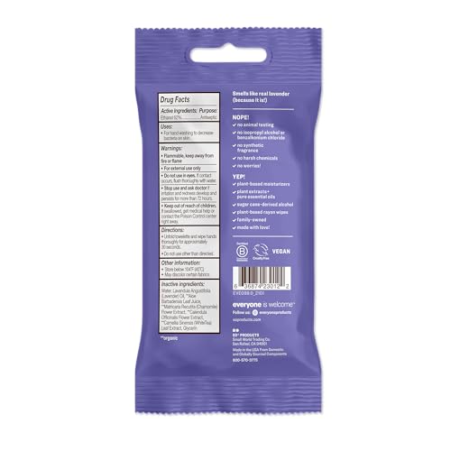 Everyone Hand Sanitizer Wipes, 15 Wipes (Pack of 6), Lavender and Aloe, Plant Derived Alcohol with Pure Essential Oils - Thumbnail 4