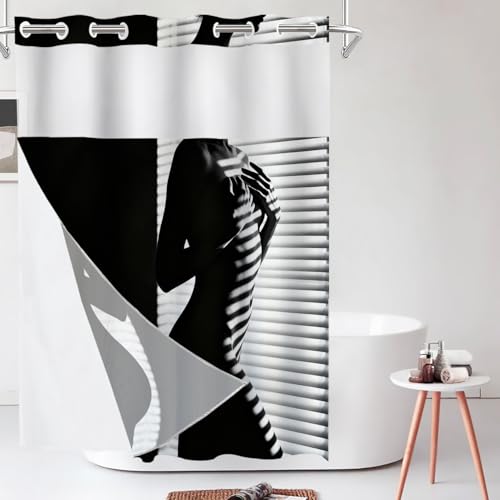 Shrahala Black Figure Line Shower Curtain with Snap in Liner Set, White No Hooks Stall Curtain Waterproof for Bathtubs Magnetic Hem 54 X 80 in