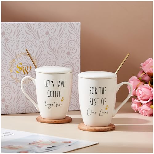 Swuut 12oz Ceramic Couple's Coffee Mug Set of 2 - Wedding, Engagement - Bridal Shower, Housewarming (White)