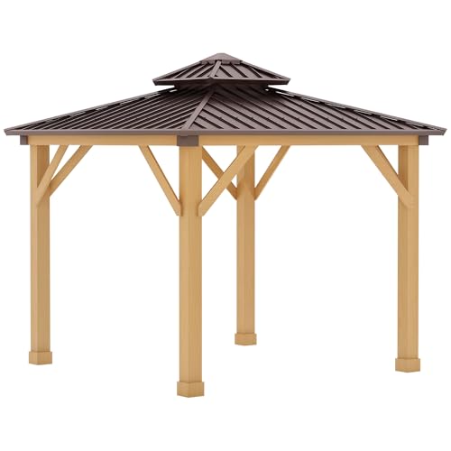 Outsunny 10' x 10' Hardtop Gazebo with Galvanized Steel Double Roof, Wooden Frame, Permanent Pavilion with Ceiling Light Hook, for Garden, Patio, Backyard