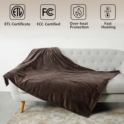 Image of Tefici Electric Heated Blanket Throw, Super Cozy Soft 2-Layer Flannel 50 inch x 60 inch Heated Throw with 3 Heating Levels & 4 Hours Auto Off, Machine Washable, ETL&FCC Certified, Home Office Use,Brown