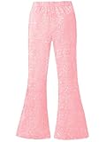 WDIRARA Girl's Glitter Elastic Waist Flare Bell Bottom Party Stretch Pants, Light Pink, 11 Years