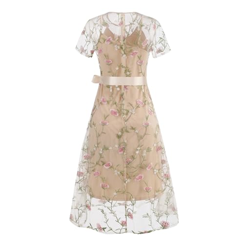 Image of Women Short Sleeve 2 Piece Floral Embroidery Dress Mesh Sheer Wedding Tulle Prom Midi Evening Cocktail Party Dress with Belt