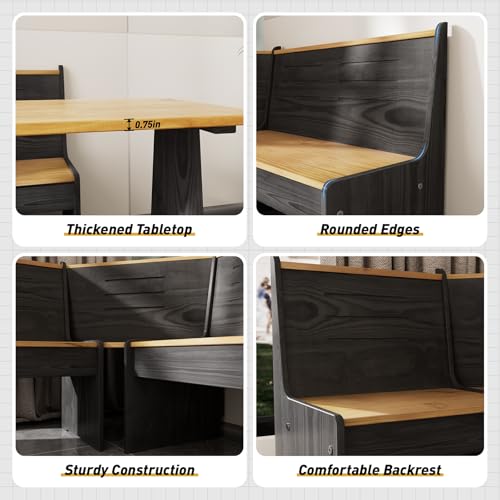 Image of Kitchen Breakfast Nook Table Set - Solid Wood Corner Bench Dining Set for 4-6 People, L Shaped Bench for Dinner Room, Space Saving Kitchen Booth Seating with Table for Small Space, Ink Black