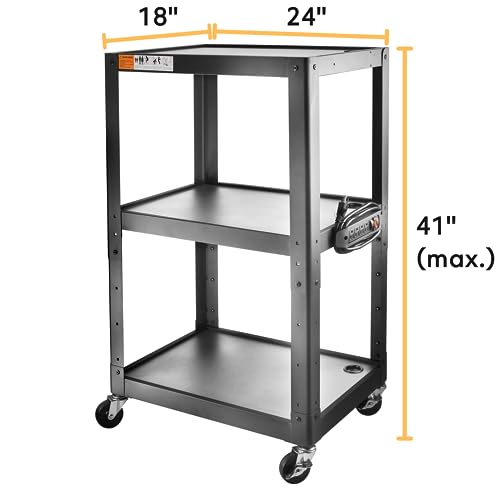 3 Shelf Metal Utility cart - Steel Construction Mobile Presentation Cart Projection Cart with Power Strip - Durable Utility Cart AV Carts on Wheels - Supports Up to 300 LBs (24'' x 18'' x 41'') - Thumbnail 3