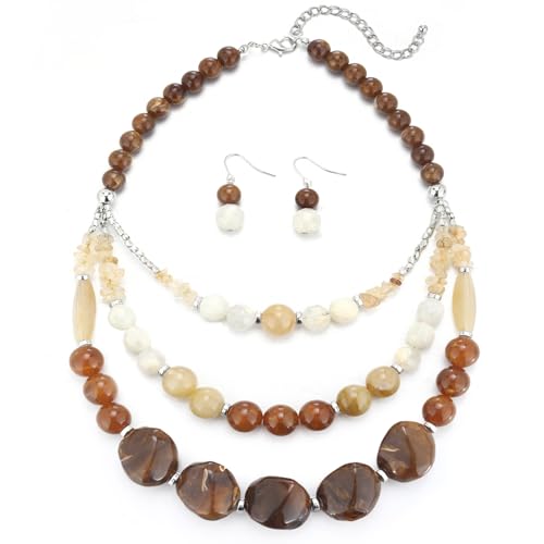 Errally Chunky Beaded Statement Necklace for Women 3 Layered Boho Jewelry Set with Earrings Colorful Stone Beads Choker Gift for Her(Brown)