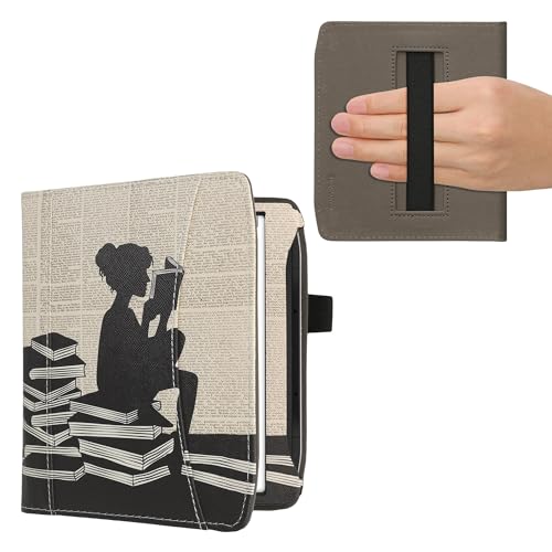kwmobile Flip Hülle kompatibel mit Pocketbook Era/Era Color/Era Lite - Vorderfach Handschlaufe - Lesende Frau Schwarz Beige
