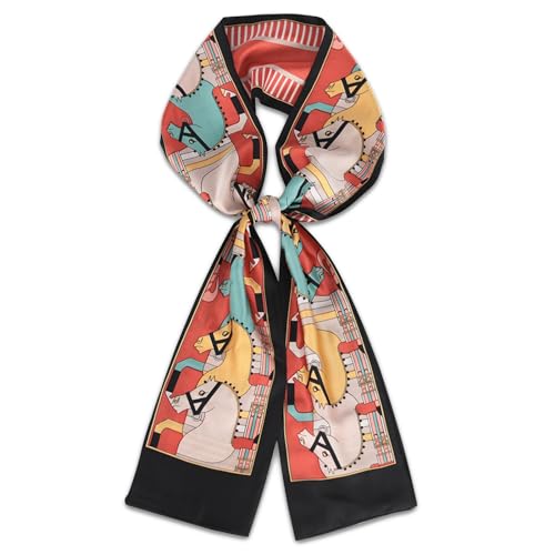 Relang Satin Scarf Mulberry Silk Printed Head Wrap Hair Band 7"" x 59"" Red Black Horse