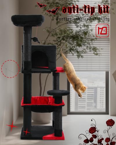 Image of MUTTROS Gothic Cat Tree with Super Large Hammock, 45.7 inch Black Cat Tower with Coffin Bed, Cat Condo, Sisal Scratching Posts & Top Perch, Multi-Level Goth Cat Tree, Halloween, Black