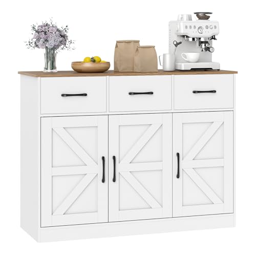 COSTWAY Buffet Salle à Manger, Meuble de Cuisine Bas, 3Tiroirs, 3 Portes, Étagères Réglables, Style Ferme, 108 x 38 x 81 cm, Meuble Rangement en Bois pour...