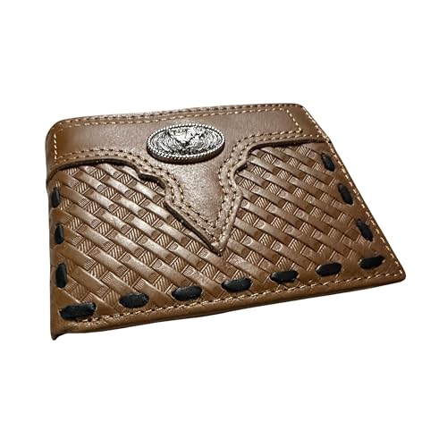 Western Long Leather Wallet for Men – Basketweave Tooled with Stitched Inlay and Rooster Concho – Rodeo Style Bifold Wallet
