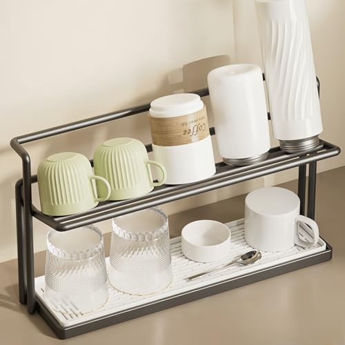 ボトルスタンド 水筒 スタンド 水切り ジャグボトルスタンド 2段式 水切りラック 水筒干し コップ マグボトル 乾かす 哺乳瓶 コップ収納ラック 省スペース 水切りトレー付き 水筒ラック カップ キッチン収納 (ブラック)