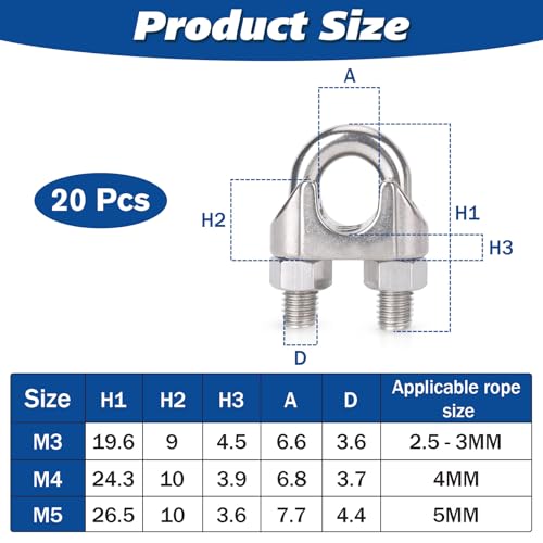 Forbabe Drahtseilklemme 4mm 20 Stück M4 Edelstahl Buegelklemme, U Bolzen Seilklemmen für Drahtseilkabel Ø 4 mm (4mm)
