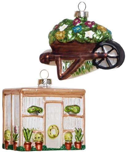 Hand Blown Glass Greenhouse Ornament and Wheelbarrow Ornament, Set of