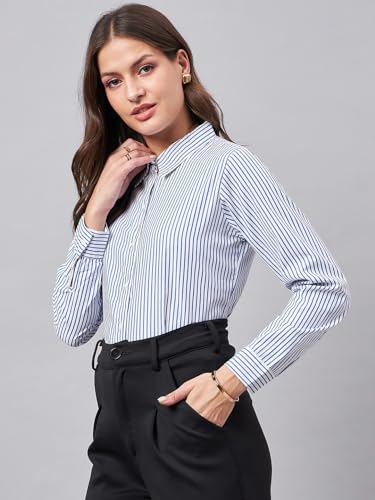 Image of Style Quotient Women Self Design Stripe Blue and White Polycotton Formal Shirt