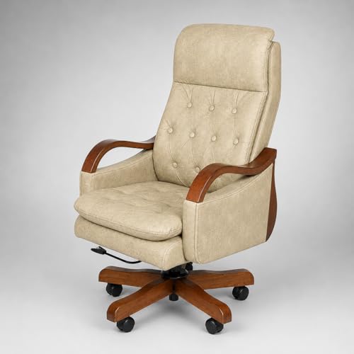 Image of Lakdi Premium Executive Revolving Office Chair | Tufted Leatherette Upholstery | Wooden Armrests & Base | Ergonomic High Back Director Chair | 5 Year Warranty | Free Assembly