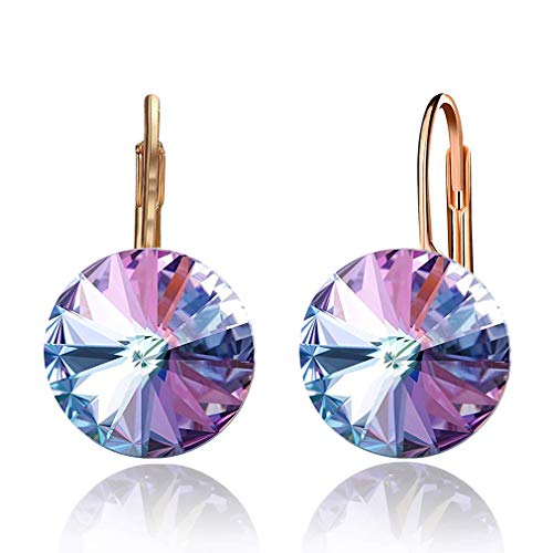 Austrian Crystal Round Drop Earrings for Women 14K Gold Plated Hypoallergenic Leverback Hoop Earrings (Vitrail Light)