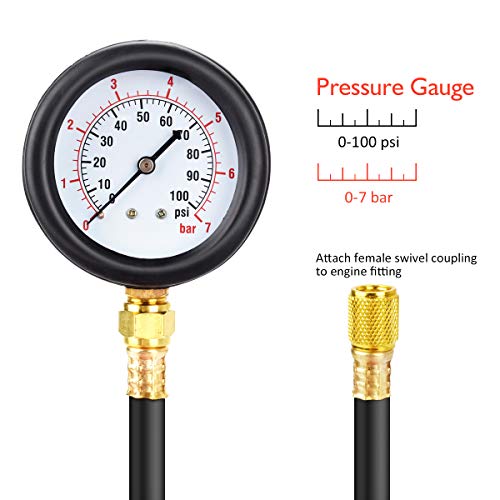 Faersi Fuel Injection Pressure Test Kit - Universal Fuel Oil Engine Diagnostic Gauge Tester Set With Fittings, Instructions, Storage Case For Car Motorcycle Truck Rv Suv & Atv, 0-100 Psi / 0-7 Bar #TOP2