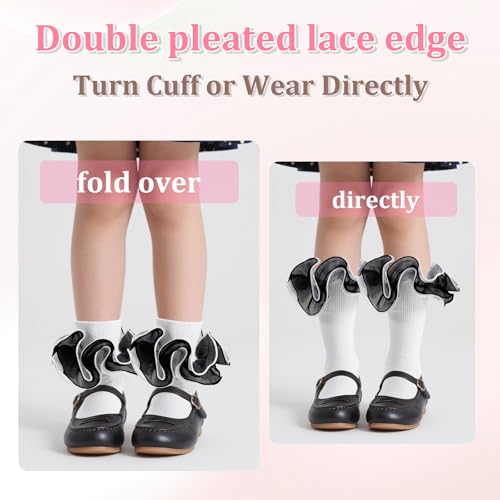 Girls Ruffle Socks Toddler,4-Layer Big Fluffy Lace Frilly Ankle Socks,Soft Cotton Turn Cuff Dress Sock for Little Girls3