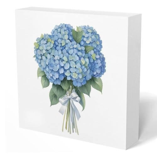 UNCDLV Blue Hydrangea Decor, Watercolor Hydrangea Flower Chinoiserie Wooden Box Sign, Rustic Blue Bow Floral Decor for Grandmillennial Home Office Flower Bar Desk Shelf Table, 5x5 Inch