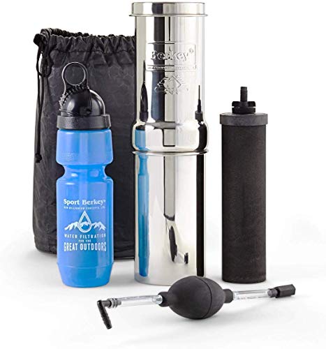 Go Water Filter Kit with 1 Qt. Berkey Gravity Fed Water Filter System, Sport Bottle and Black Primer