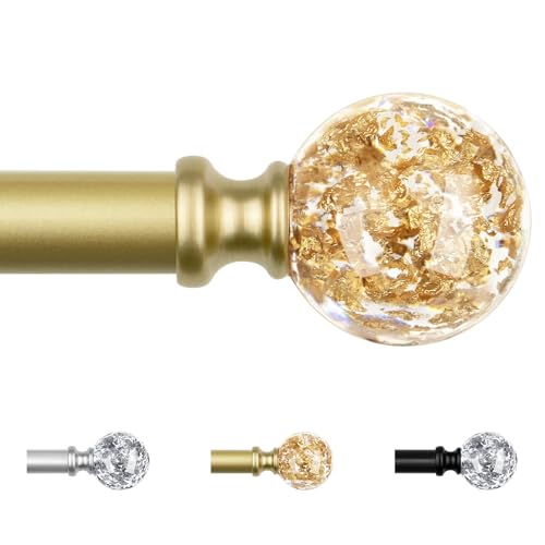 KAMANINA Adjustable Curtain Pole 80 to 365 cm, Gold Curtain Poles for Eyelet Curtains, 19 mm Diameter Single Curtain Rod with Round Translucent Finials