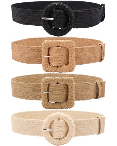 Image of WILLBOND 4 Pcs Women's Elastic Raffia Woven Belt, Boho Rattan Buckle Stretch Straw Wide Waist Belt for Dresses Jeans Pants