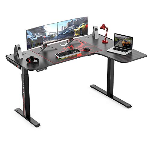EE Eureka Ergonomic L Shaped Standing Desk, 61" Dual Motor Electric Height Adjustable Home Office Sit Stand Corner Desk Writing Gaming Computer Table Modern Workstation w/Mouse Pad, Black Right Side