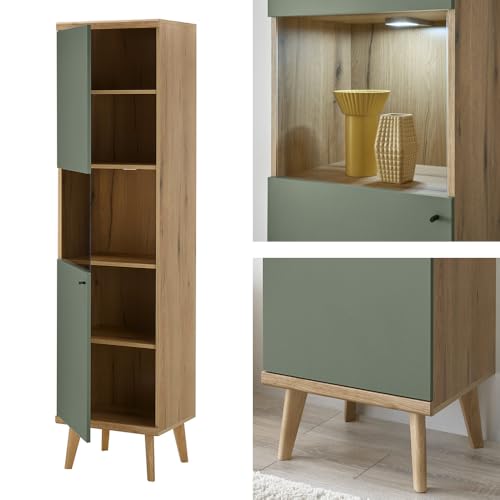 Lomadox Wohnwand Anbauwand in Eiche mit grün Modern 5-teilig, inkl. Couchtisch, Standvitrine, TV-Lowboard, Wandregal, Highboard und Beleuchtung – Bild 6