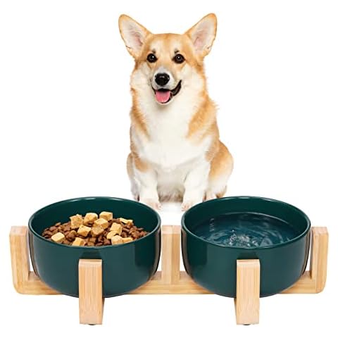 VavoPaw Ceramic Dog Bowls, 6 inch Dog Cat Bowl Dish with Elevated Wooden Stand, No Spill Pet Food Water Feeder Cats Small Medium Dogs Set of 2 (850ml/28fl oz), Dark Green Cover