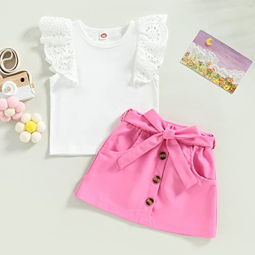 Mubineo Toddler Baby Girl 2Pcs Summer Skirt Outfits Short Sleeve Shirt Tops Mini Skirts Hat Set (White Rose Pink 2Pcs, 5 Years) #TOP2