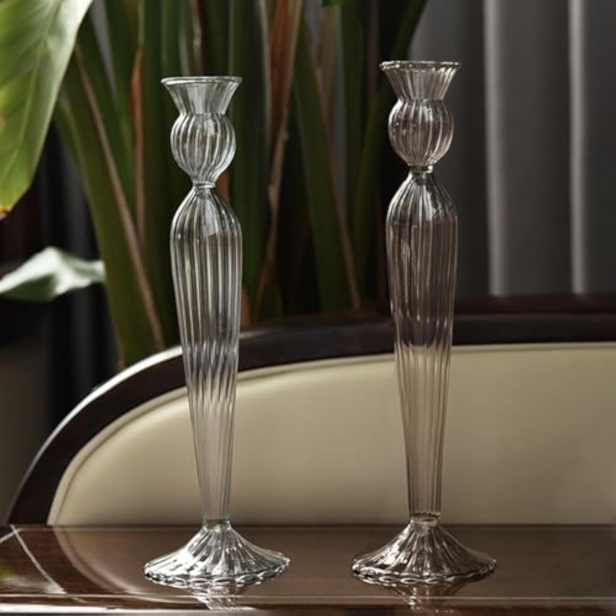 Glass Taper Candle Holder Table Ornament, Light Pink