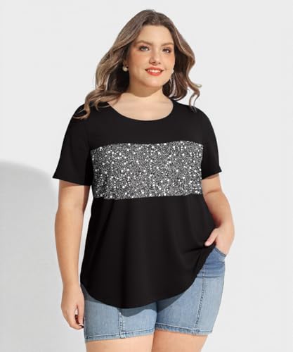 CARCOS Plus Size Tops for Women Short Sleeve Summer Pullover Color Block Crewneck/V Neck Tee Tunic Loose Fit Tshirts XL-5XL2