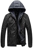 Wantdo Herren Lederjacke Winter Jacke Lang Kunstleder Schöne Lederjacken mit Kapuze Echt Lederjacke für Winter Schwarz XL