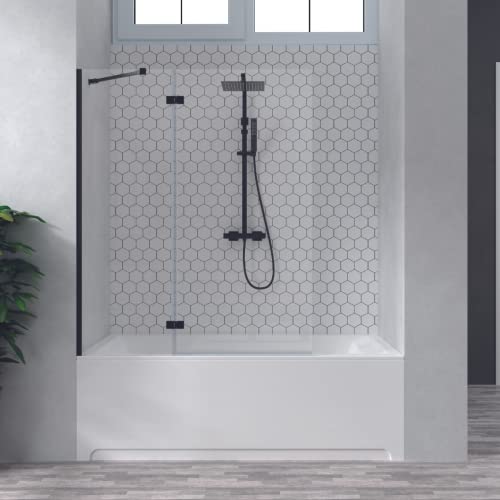 Mampara Bañera Panel Fijo + 1 Puerta Abatible 50+70cm Cristal Templado 6mm con Antical 150cm Altura Negro Mate