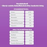 MERSJO Hundeleckerli - 87% Hoher Fleischanteil, Keine Zusatzstoffe, Getreide- und Zuckerfrei, Leckereien für Hunde zur täglichen Ergänzung, Natürliche Kauhilfe, Weiche Entenstreifen Sandwich, 500g
