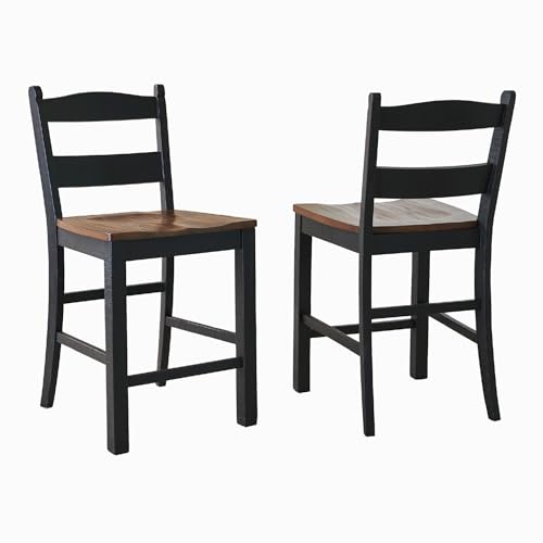 Signature Design by Ashley Valebeck Casual Rustic Counter Height Bar Stool with Contoured Seat and Footrest, Set of 2, Wood, 24' High, Black & Dark Brown