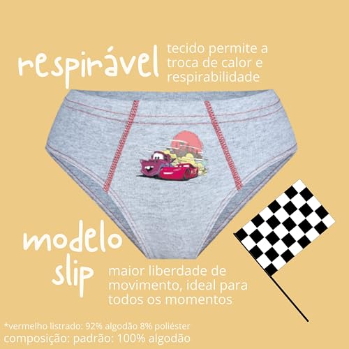 LUPO Kit 3 Cuecas Slip Infantil Disney Carros Masculina, 1 Branca - 1 Cinza - 1 Vermelha, P