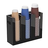 BOSSCASA Disposable Coffee Cup Dispenser with Handles, Countertop or Wall Mount Hot/Cold Drink Cup and Lid Holder - Bathroom/Kitchen/Office Acrylic Cup Lid Storage Organizer (3 Compartments, Black)